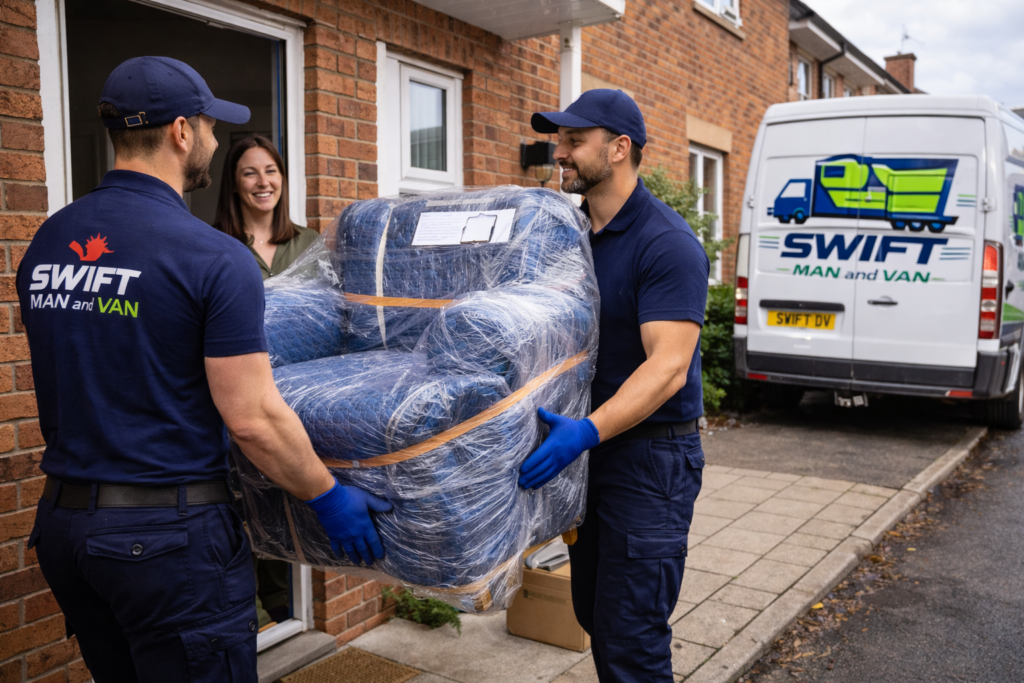 Two men delivering a blue armchair.