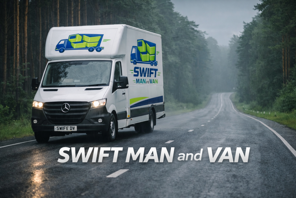 Furniture and moving boxes being loaded into a man and van service vehicle