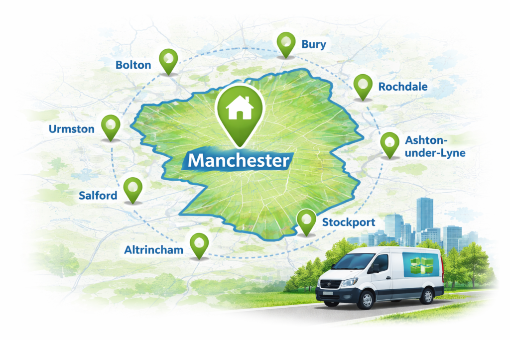 Swift Man and Van Manchester Contact service area map covering Manchester and nearby towns