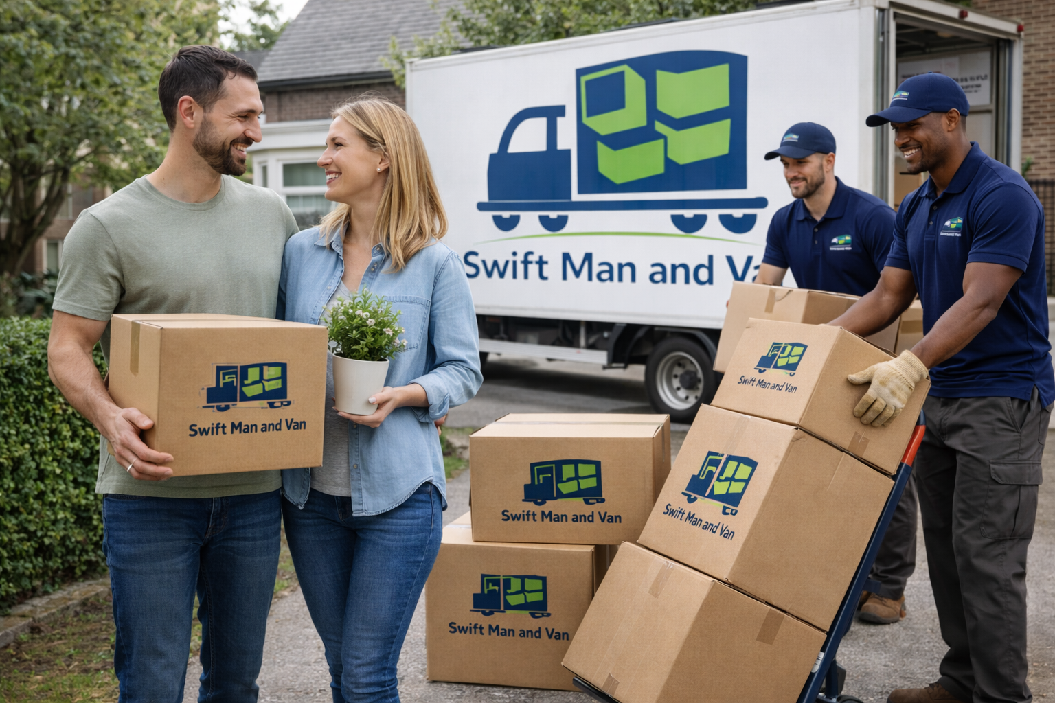 Couple moving boxes with helpers.