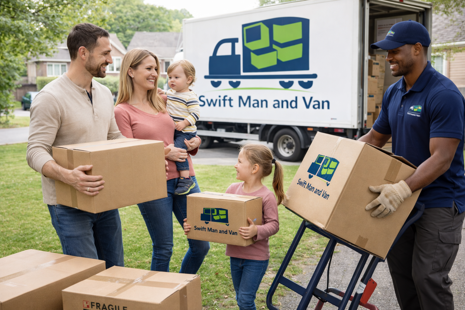 Family moving boxes with removal van.