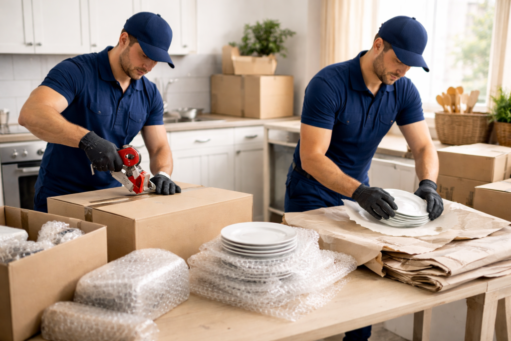 Two men packing kitchen items carefully.