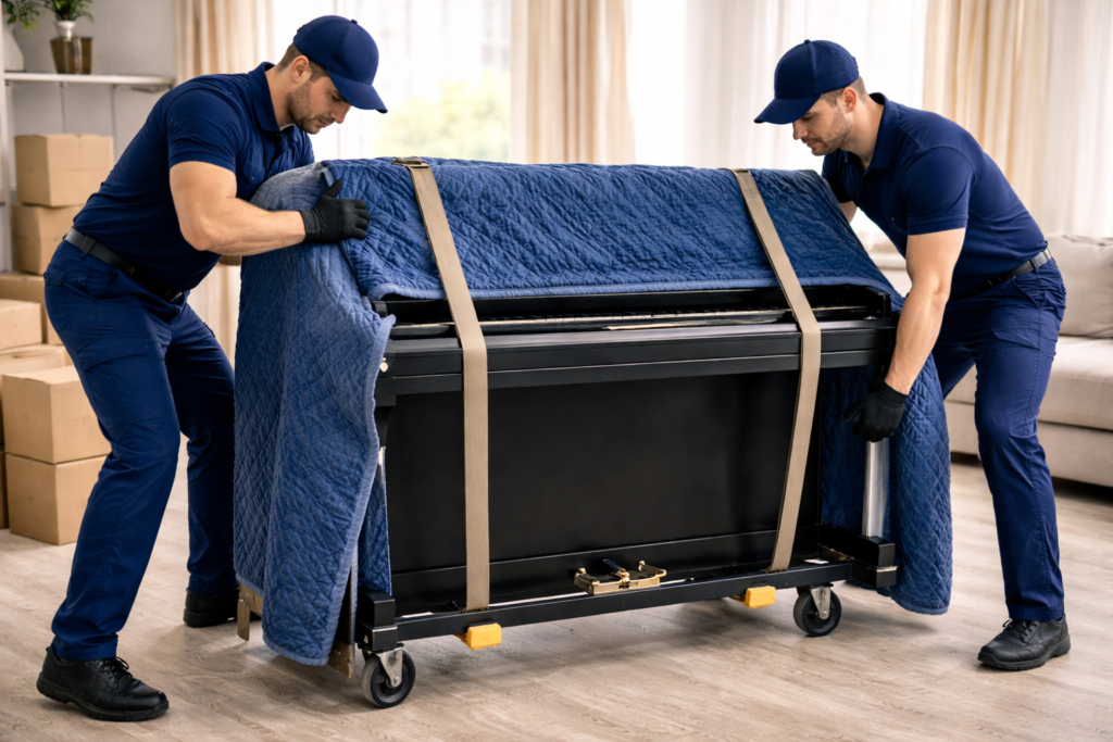 Two movers transporting a piano.