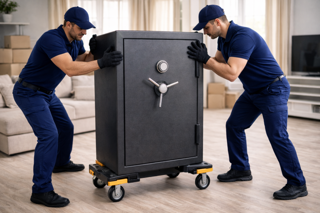 Two men moving a large safe.